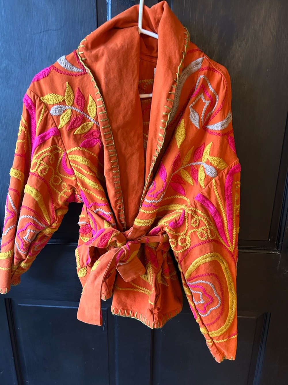 Free People Orange Embroidered Velvet Bomber Jacket with Pink & Yellow Accents - Picture 9 of 9